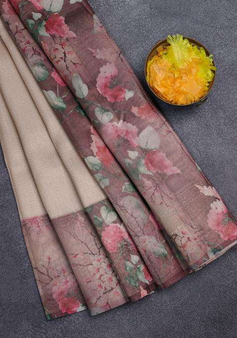Tissue Saree Sandal And Brown Shade With Allover Zari Weaves And Floral Digital Printed Border For Women