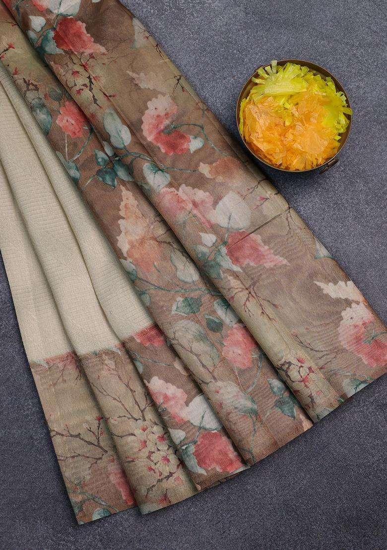 Tissue Saree Cream And Sandal With Allover Zari Weaves And Floral Digital Printed Border For Women - Indya
