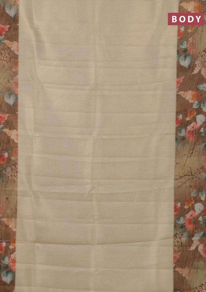 Tissue Saree Cream And Sandal With Allover Zari Weaves And Floral Digital Printed Border For Women - Indya