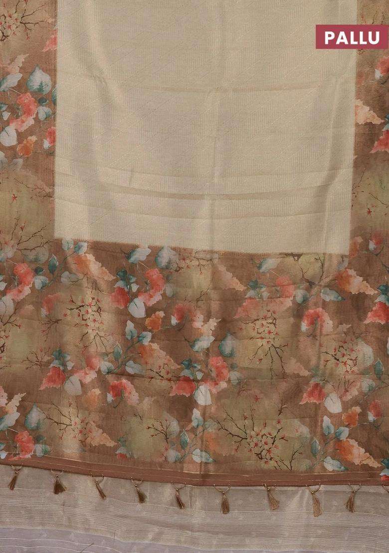 Tissue Saree Cream And Sandal With Allover Zari Weaves And Floral Digital Printed Border For Women - Indya
