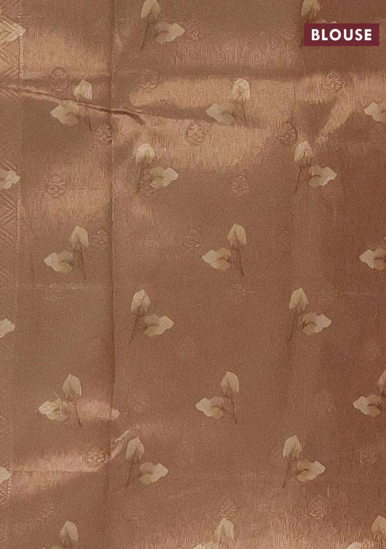 Tissue Saree Cream And Sandal With Allover Zari Weaves And Floral Digital Printed Border For Women - Indya