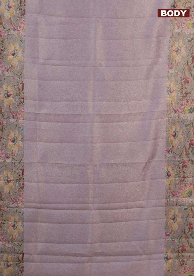 Tissue Saree Mild Lavender And Grey With Allover Zari Weaves And Floral Digital Printed Border For Women - Indya