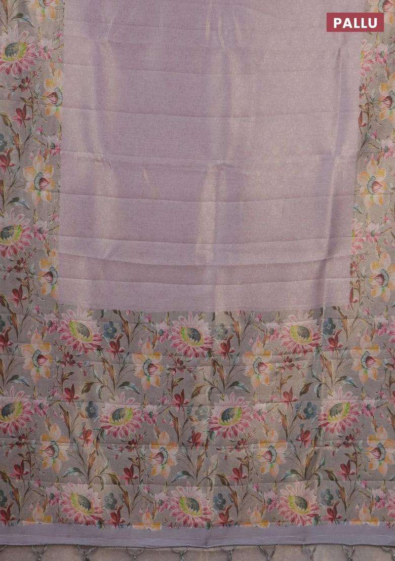 Tissue Saree Mild Lavender And Grey With Allover Zari Weaves And Floral Digital Printed Border For Women - Indya