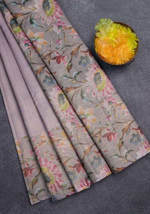 Tissue Saree Mild Lavender And Grey With Allover Zari Weaves And Floral Digital Printed Border For Women