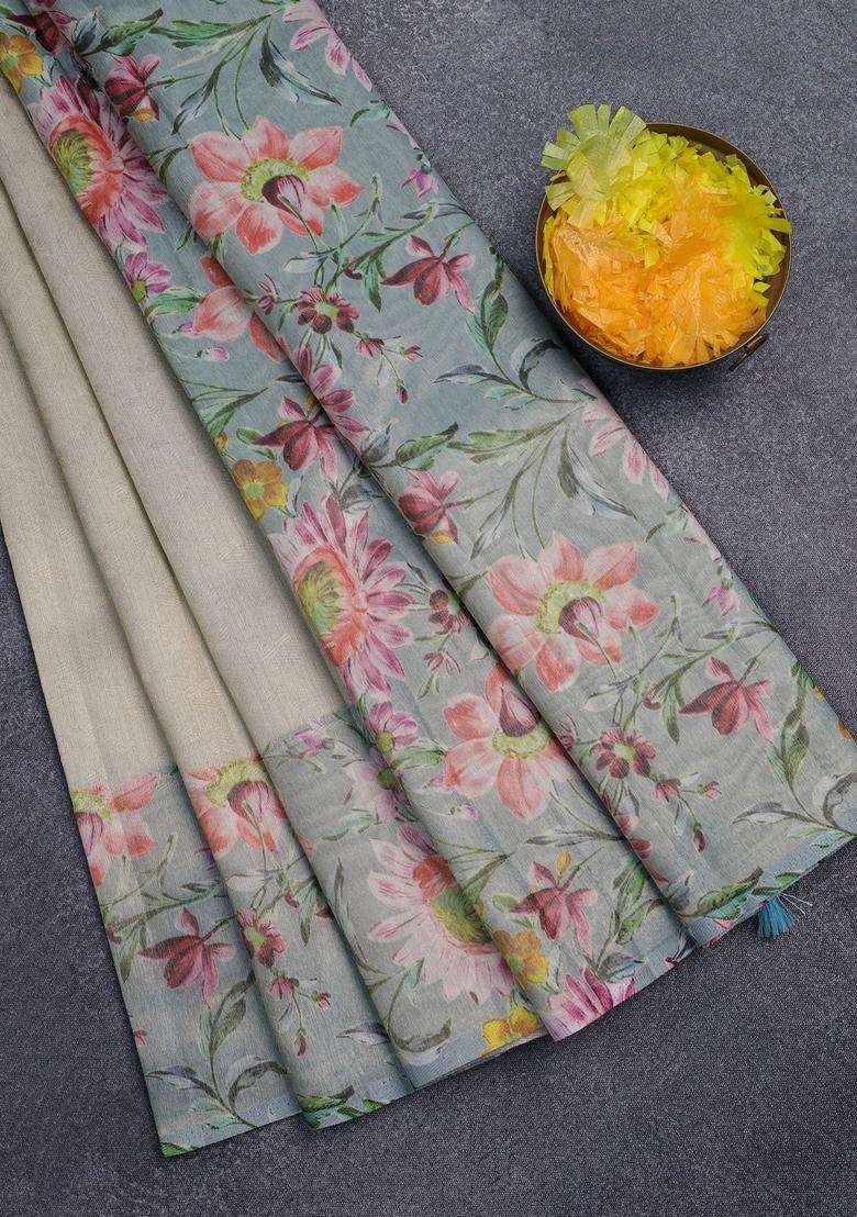 Tissue Saree Pista Green And Light Blue With Allover Zari Weaves And Floral Digital Printed Border For Women - Indya