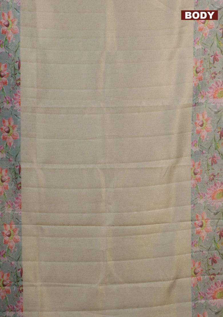 Tissue Saree Pista Green And Light Blue With Allover Zari Weaves And Floral Digital Printed Border For Women - Indya