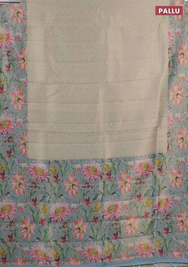 Tissue Saree Pista Green And Light Blue With Allover Zari Weaves And Floral Digital Printed Border For Women - Indya