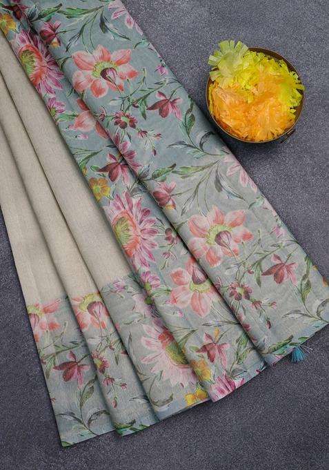 Tissue Saree Pista Green And Light Blue With Allover Zari Weaves And Floral Digital Printed Border For Women