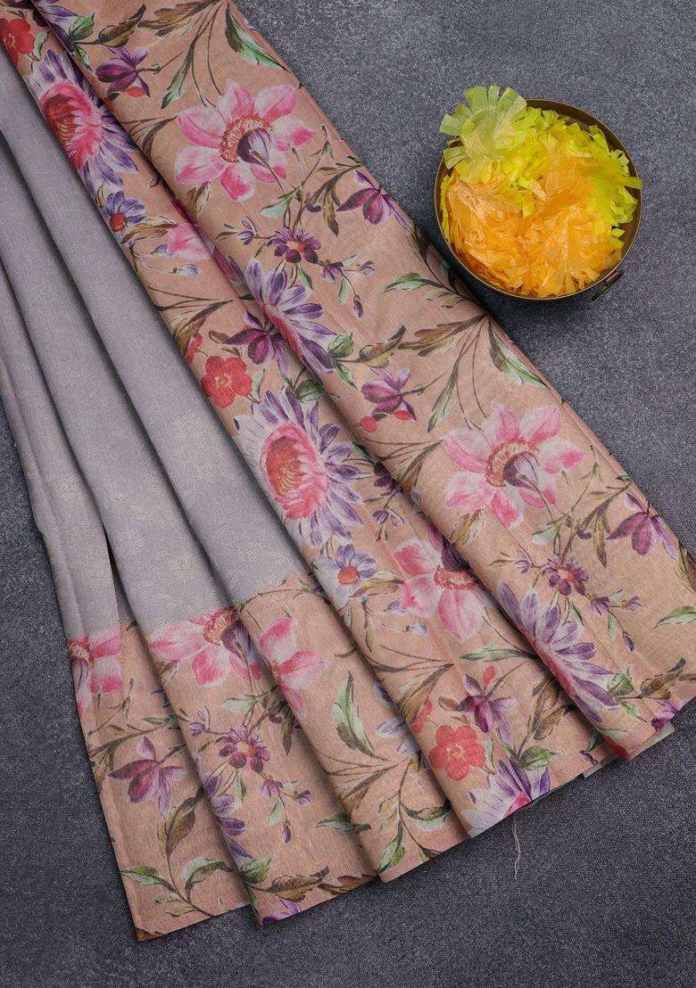 Tissue Saree Grey And Peach Orange With Allover Zari Weaves And Floral Digital Printed Border For Women - Indya