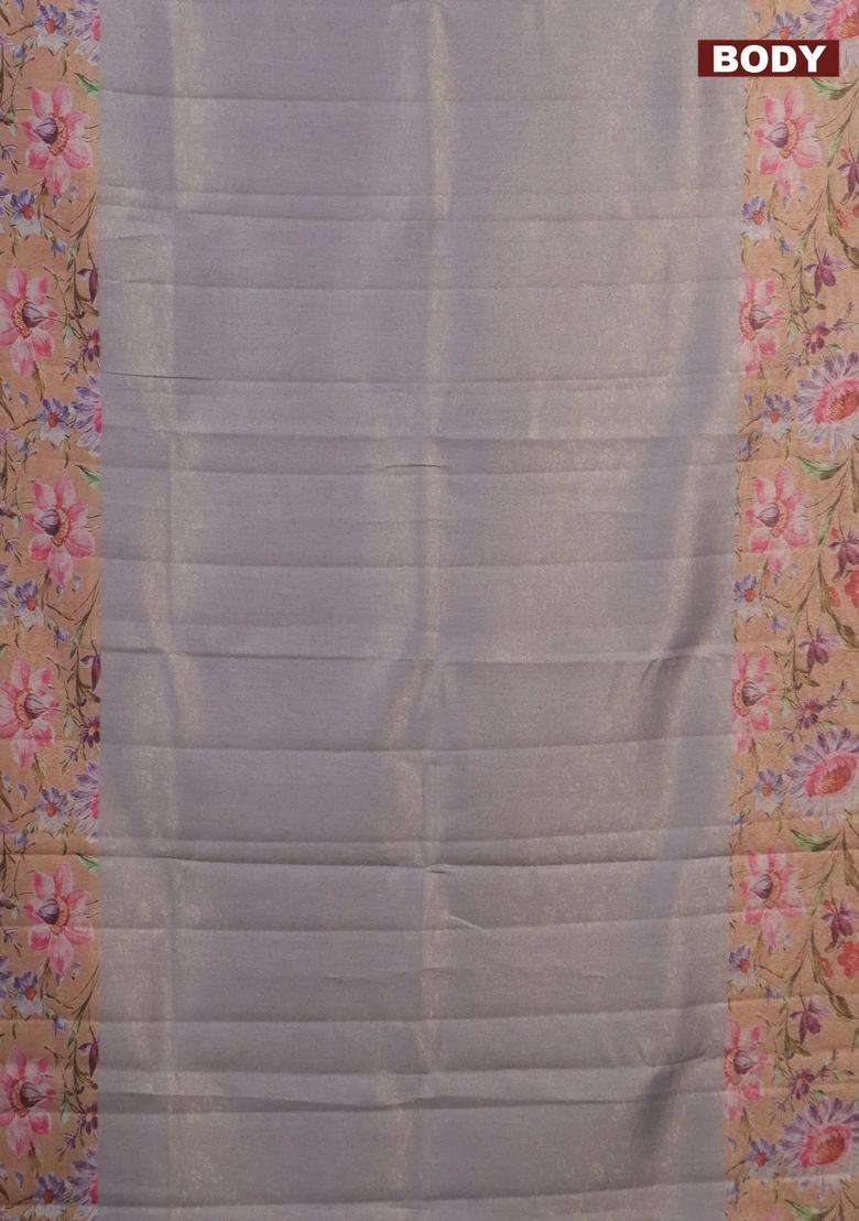 Tissue Saree Grey And Peach Orange With Allover Zari Weaves And Floral Digital Printed Border For Women - Indya