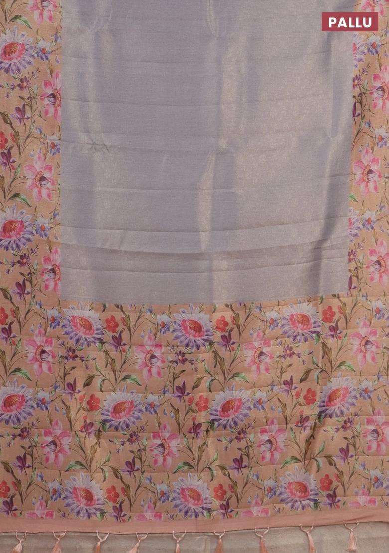 Tissue Saree Grey And Peach Orange With Allover Zari Weaves And Floral Digital Printed Border For Women - Indya