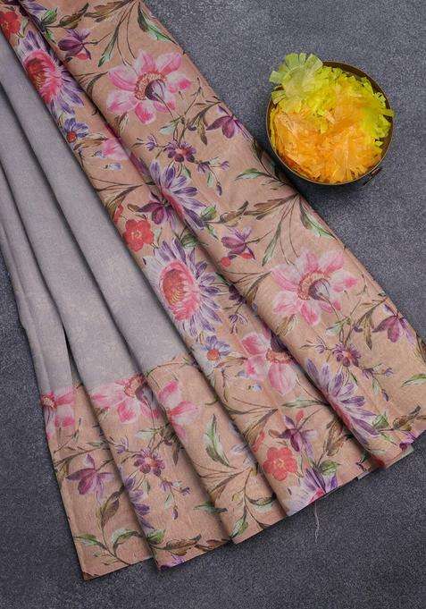 Tissue Saree Grey And Peach Orange With Allover Zari Weaves And Floral Digital Printed Border For Women