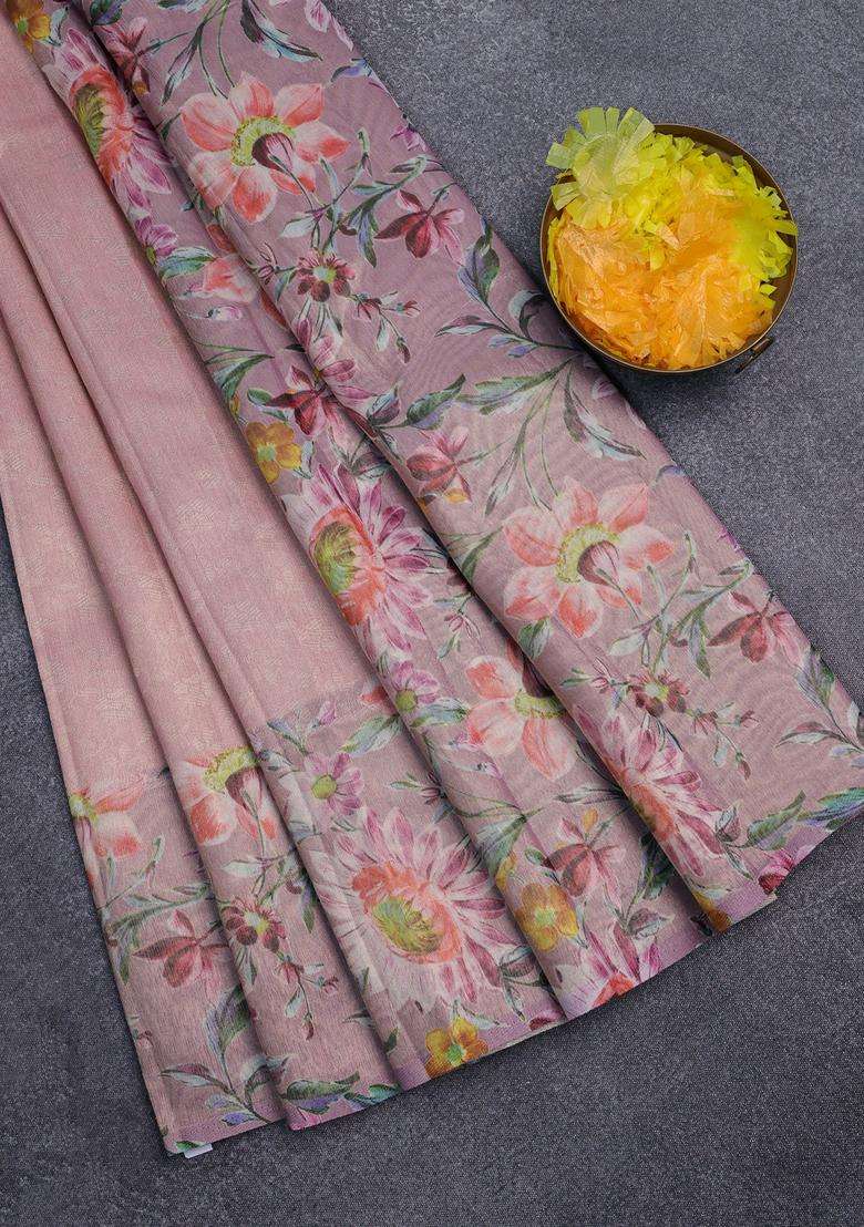 Tissue Saree Peach Pink With Allover Zari Weaves And Floral Digital Printed Border For Women - Indya