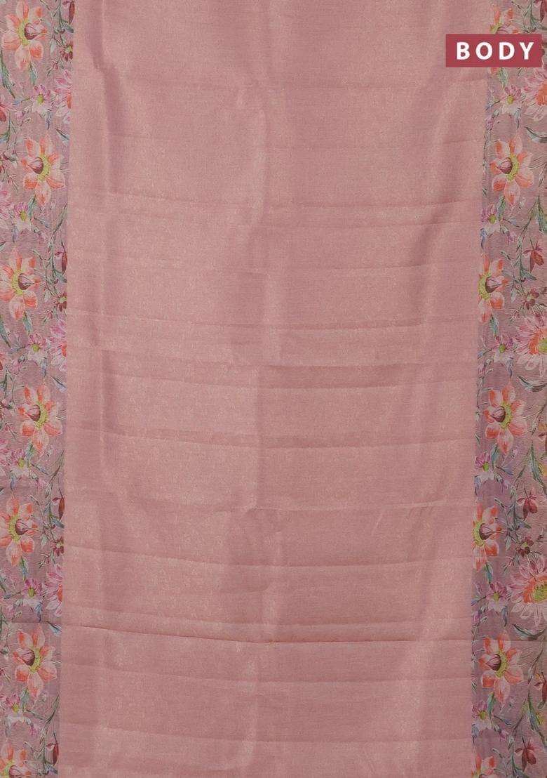 Tissue Saree Peach Pink With Allover Zari Weaves And Floral Digital Printed Border For Women - Indya