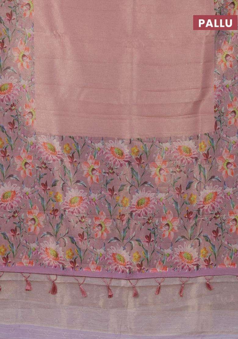 Tissue Saree Peach Pink With Allover Zari Weaves And Floral Digital Printed Border For Women - Indya