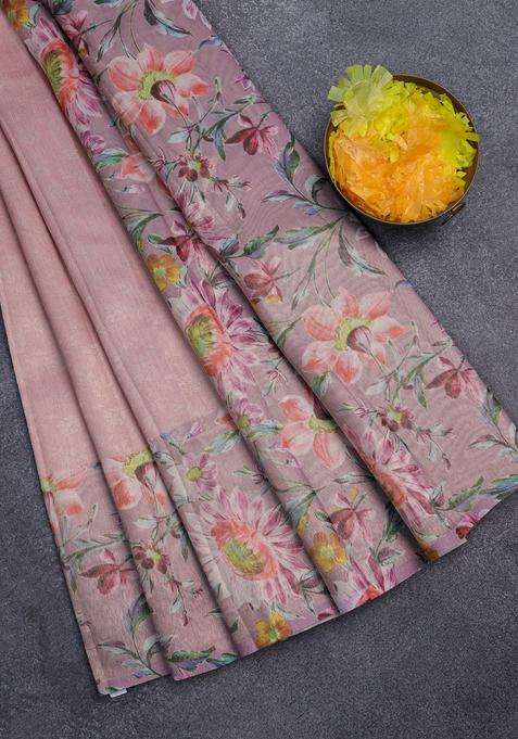 Tissue Saree Peach Pink With Allover Zari Weaves And Floral Digital Printed Border For Women