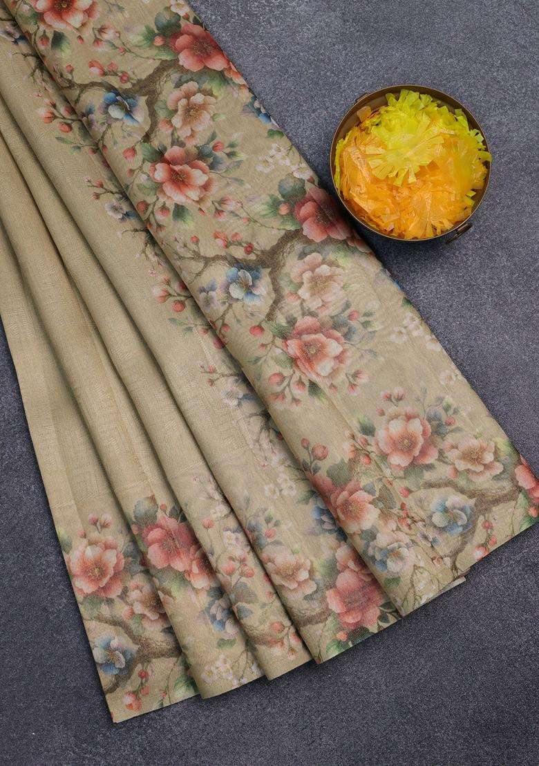 Tissue Saree Sandal With Allover Zari Weaves And Floral Digital Printed Border For Women - Indya