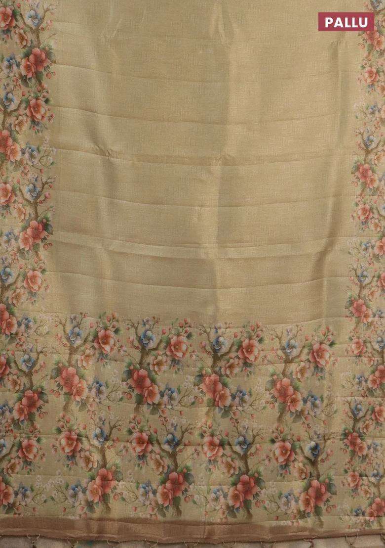 Tissue Saree Sandal With Allover Zari Weaves And Floral Digital Printed Border For Women - Indya