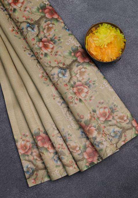 Tissue Saree Sandal With Allover Zari Weaves And Floral Digital Printed Border For Women