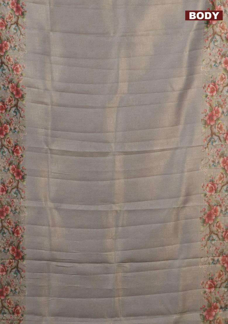 Tissue Saree Pastel Grey With Allover Zari Weaves And Floral Digital Printed Border For Women - Indya