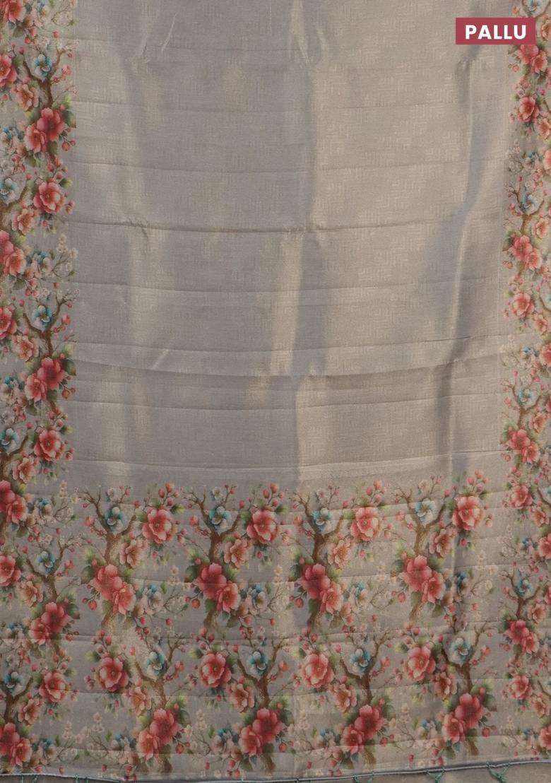 Tissue Saree Pastel Grey With Allover Zari Weaves And Floral Digital Printed Border For Women - Indya