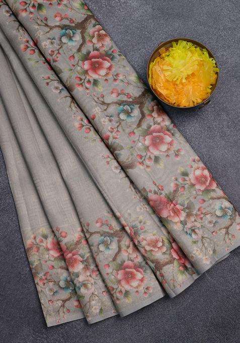 Tissue Saree Pastel Grey With Allover Zari Weaves And Floral Digital Printed Border For Women