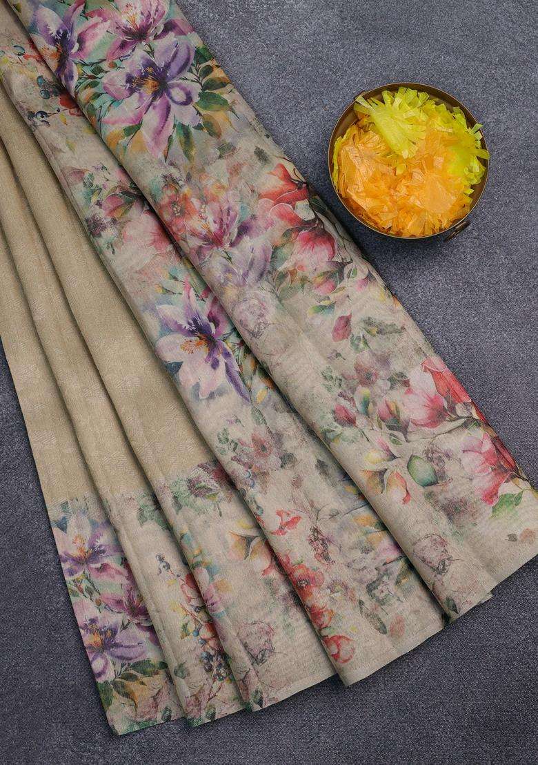 Tissue Saree Sandal With Allover Zari Weaves And Floral Digital Printed Border For Women - Indya