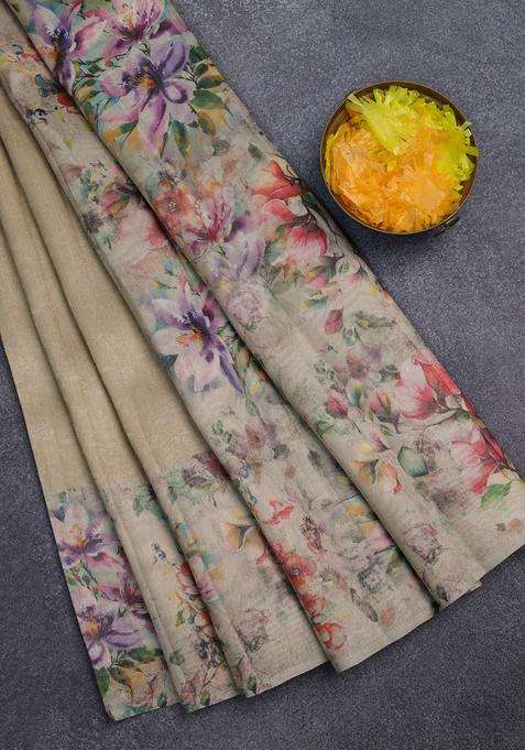 Tissue Saree Sandal With Allover Zari Weaves And Floral Digital Printed Border For Women