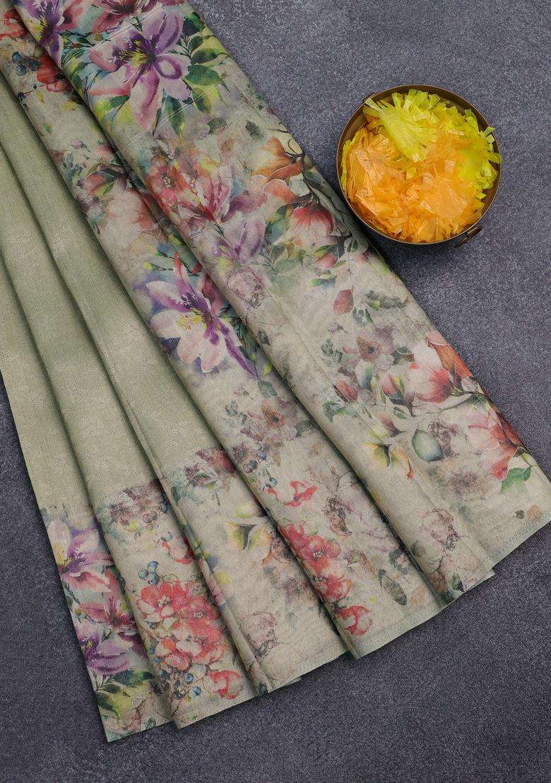 Tissue Saree Pista Green With Allover Zari Weaves And Floral Digital Printed Border For Women - Indya
