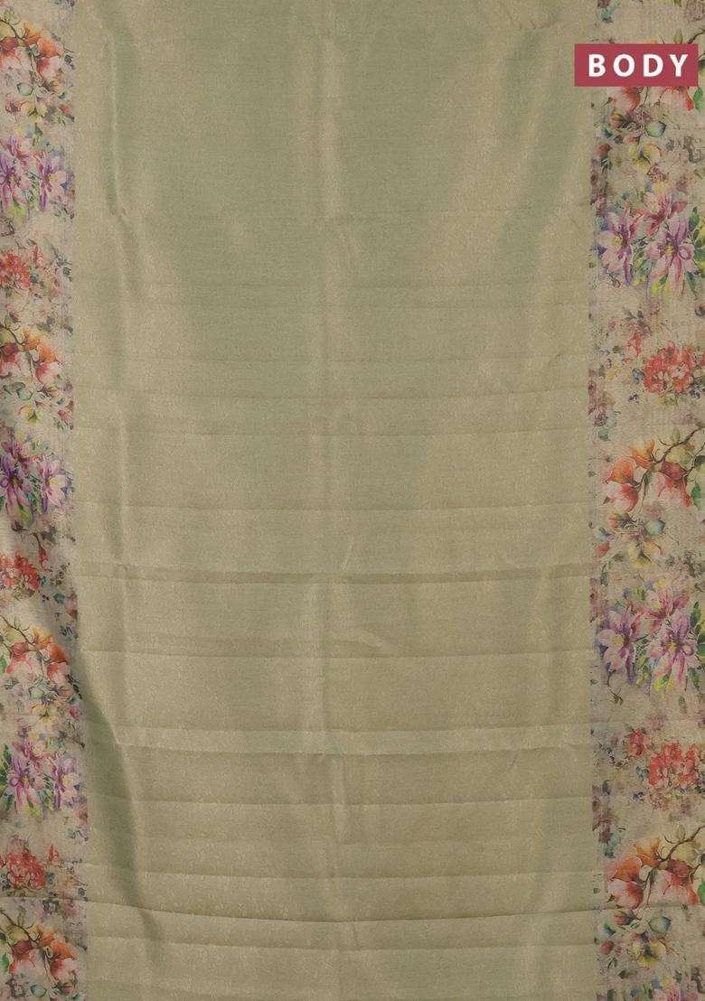 Tissue Saree Pista Green With Allover Zari Weaves And Floral Digital Printed Border For Women - Indya