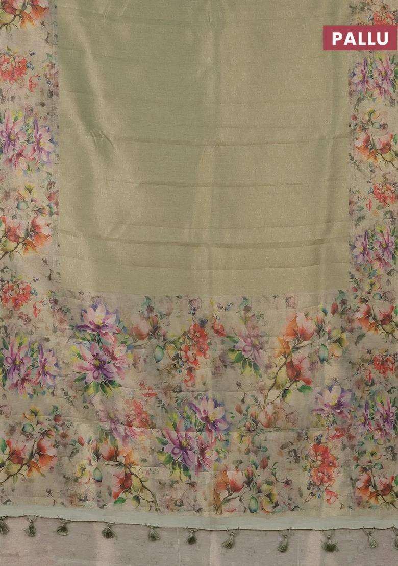Tissue Saree Pista Green With Allover Zari Weaves And Floral Digital Printed Border For Women - Indya