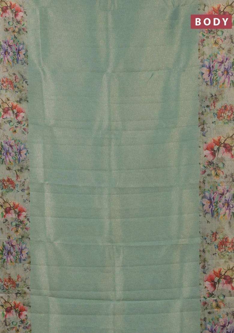 Tissue Saree Teal Green Shade With Allover Zari Weaves And Floral Digital Printed Border For Women - Indya