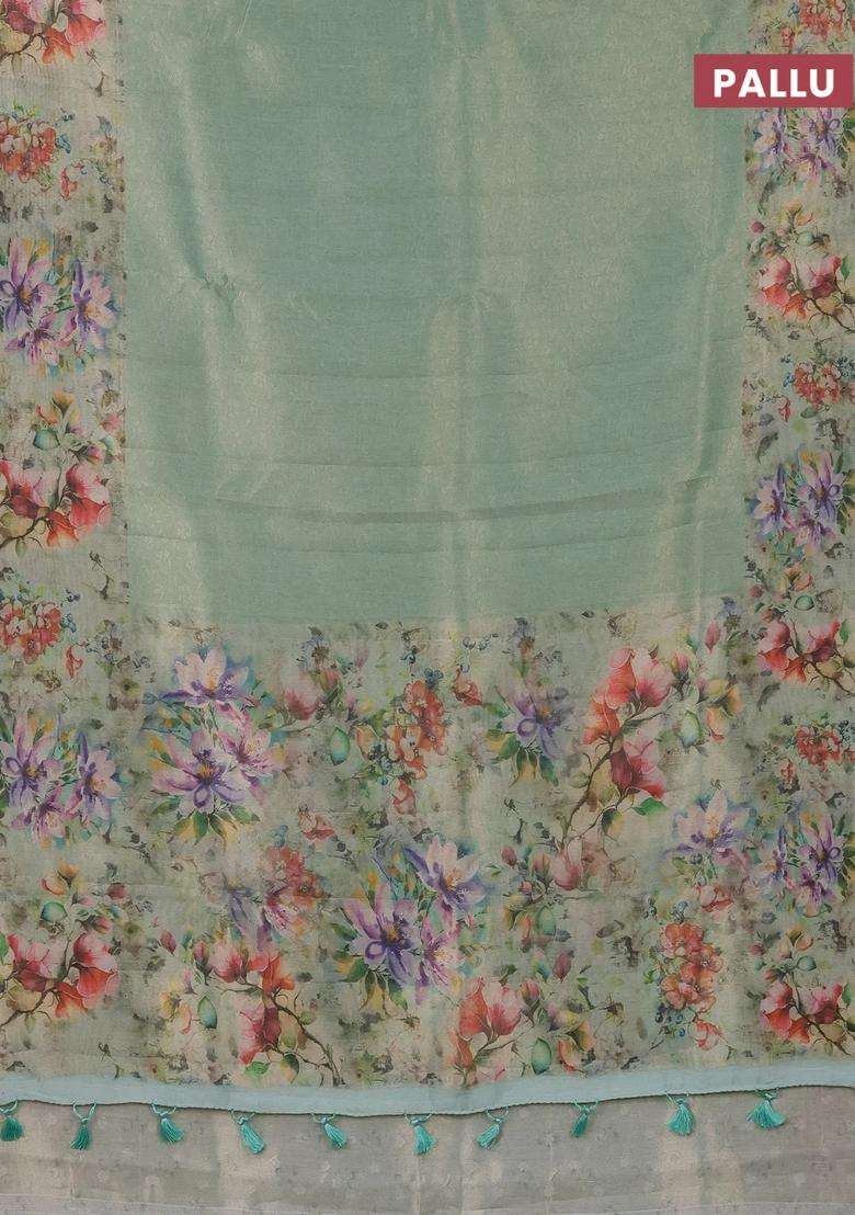 Tissue Saree Teal Green Shade With Allover Zari Weaves And Floral Digital Printed Border For Women - Indya
