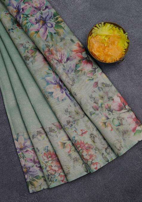 Tissue Saree Teal Green Shade With Allover Zari Weaves And Floral Digital Printed Border For Women