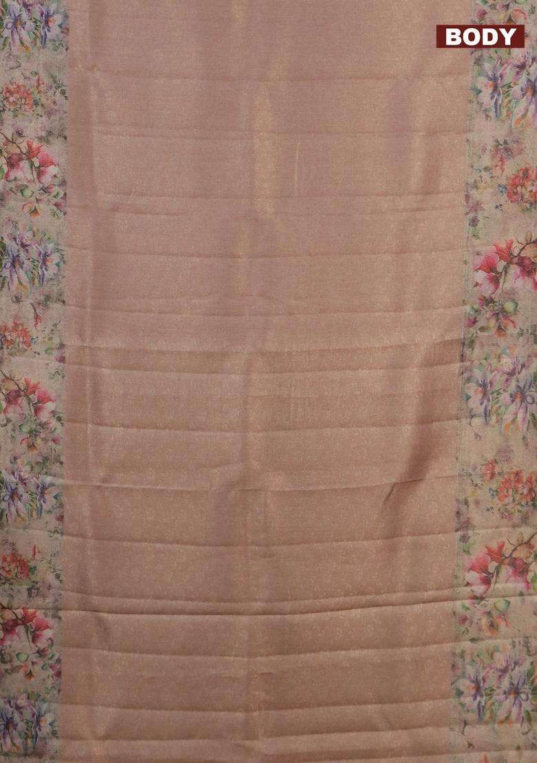 Tissue Saree Peach Orange With Allover Zari Weaves And Floral Digital Printed Border For Women - Indya