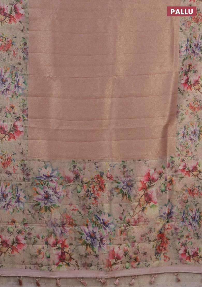 Tissue Saree Peach Orange With Allover Zari Weaves And Floral Digital Printed Border For Women - Indya