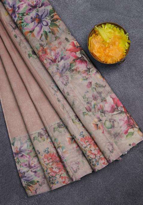 Tissue Saree Peach Orange With Allover Zari Weaves And Floral Digital Printed Border For Women