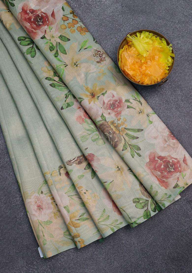 Tissue Saree Pastel Green With Allover Zari Weaves And Floral Digital Printed Border For Women - Indya
