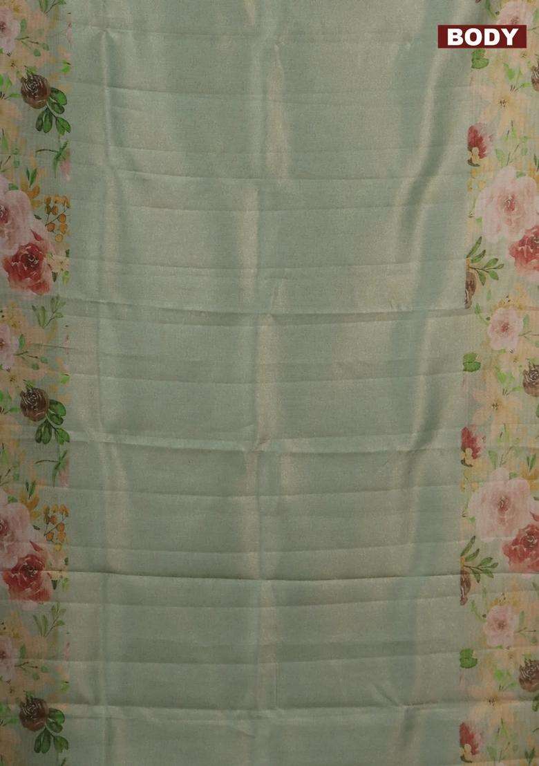Tissue Saree Pastel Green With Allover Zari Weaves And Floral Digital Printed Border For Women - Indya