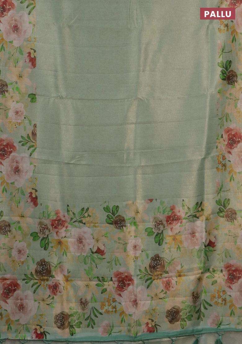Tissue Saree Pastel Green With Allover Zari Weaves And Floral Digital Printed Border For Women - Indya