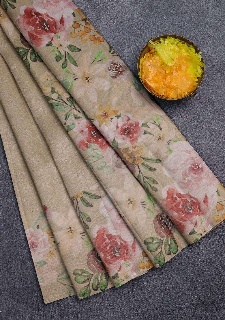 Tissue Saree Sandal With Allover Zari Weaves And Floral Digital Printed Border For Women - Indya