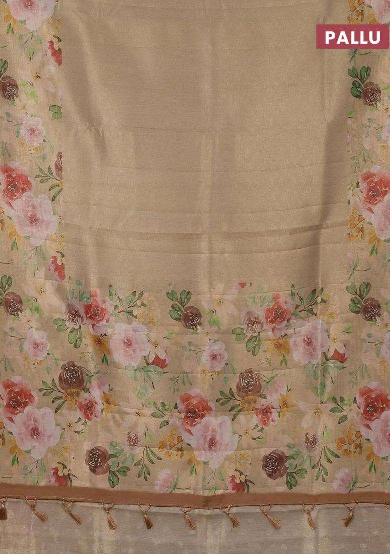 Tissue Saree Sandal With Allover Zari Weaves And Floral Digital Printed Border For Women - Indya