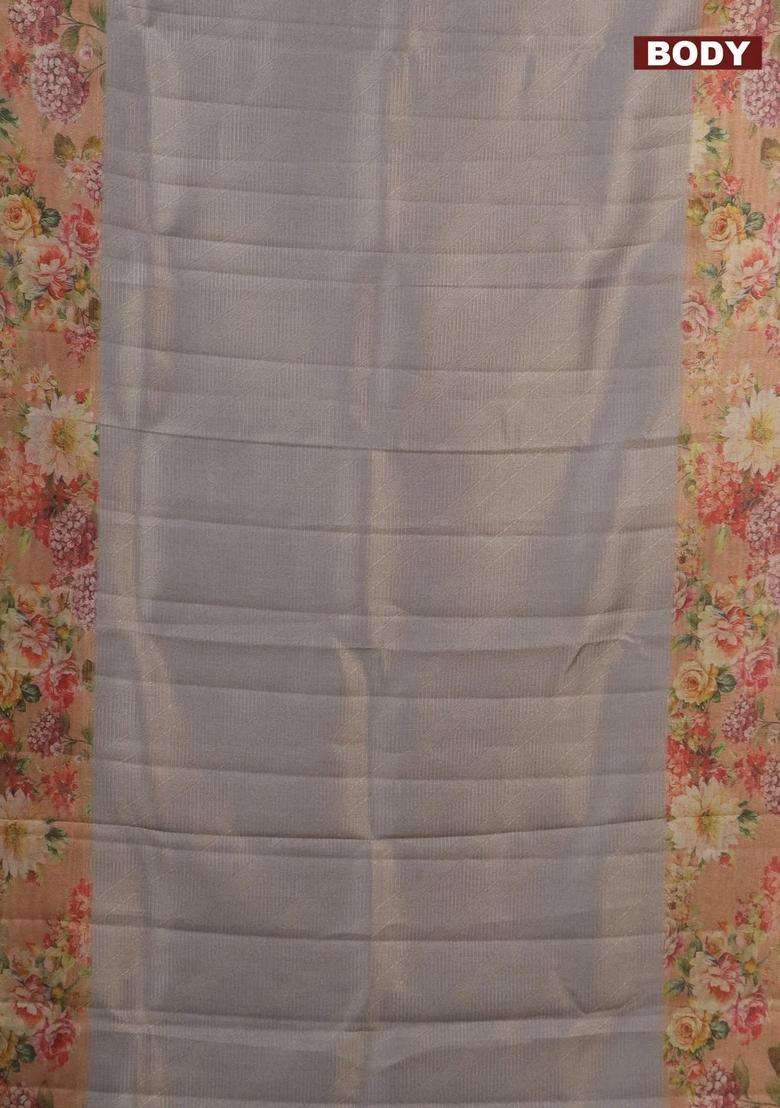 Tissue Saree Pastel Grey And Peach Shade With Allover Zari Weaves And Floral Digital Printed Border For Women - Indya