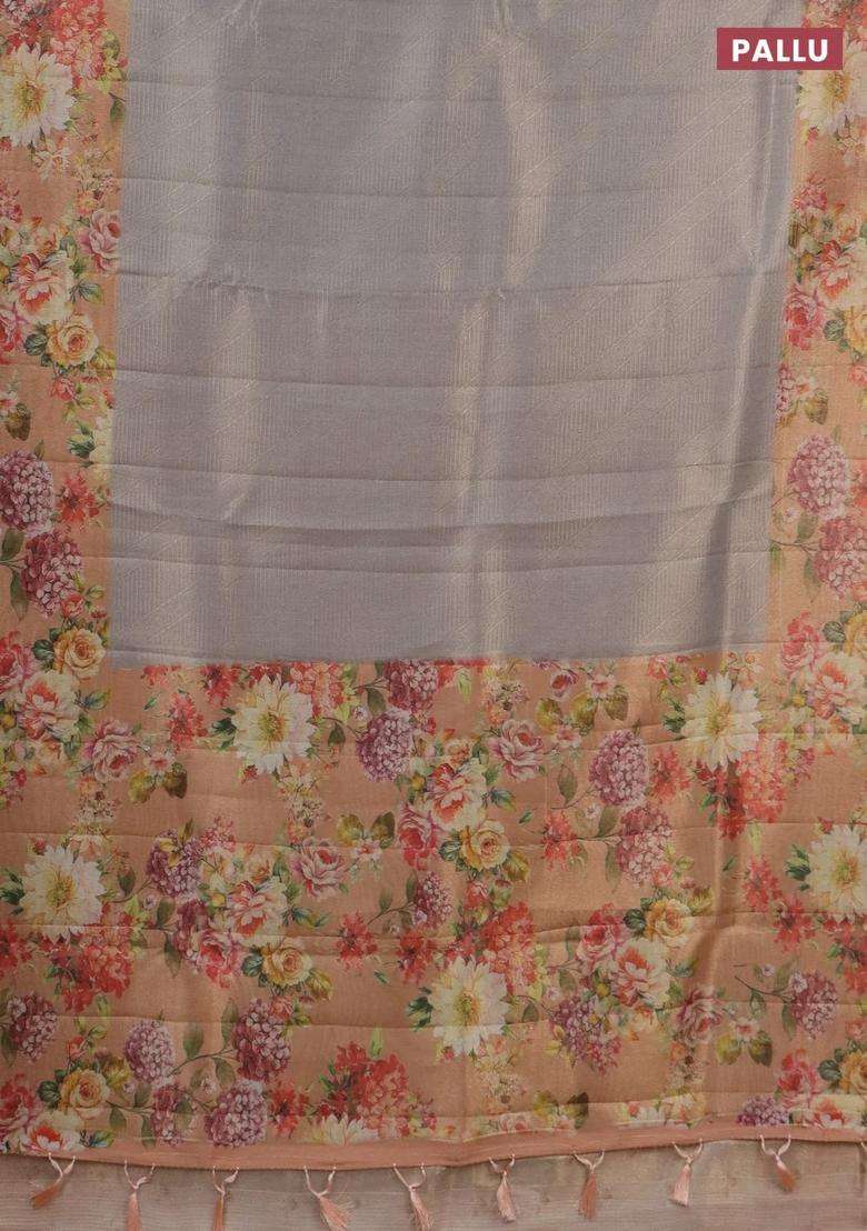 Tissue Saree Pastel Grey And Peach Shade With Allover Zari Weaves And Floral Digital Printed Border For Women - Indya