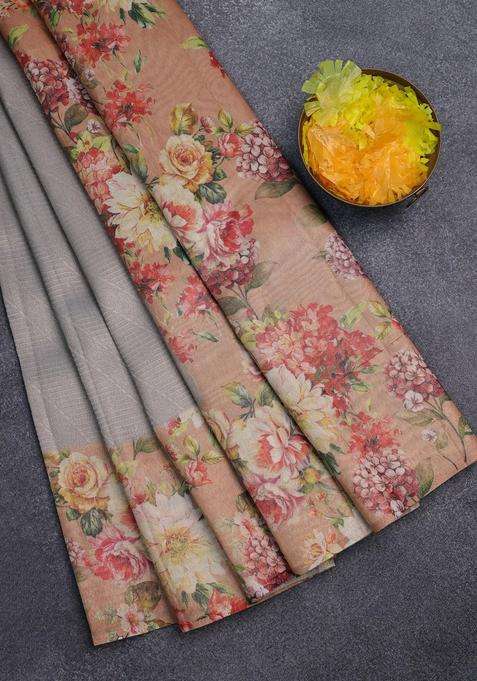 Tissue Saree Pastel Grey And Peach Shade With Allover Zari Weaves And Floral Digital Printed Border For Women