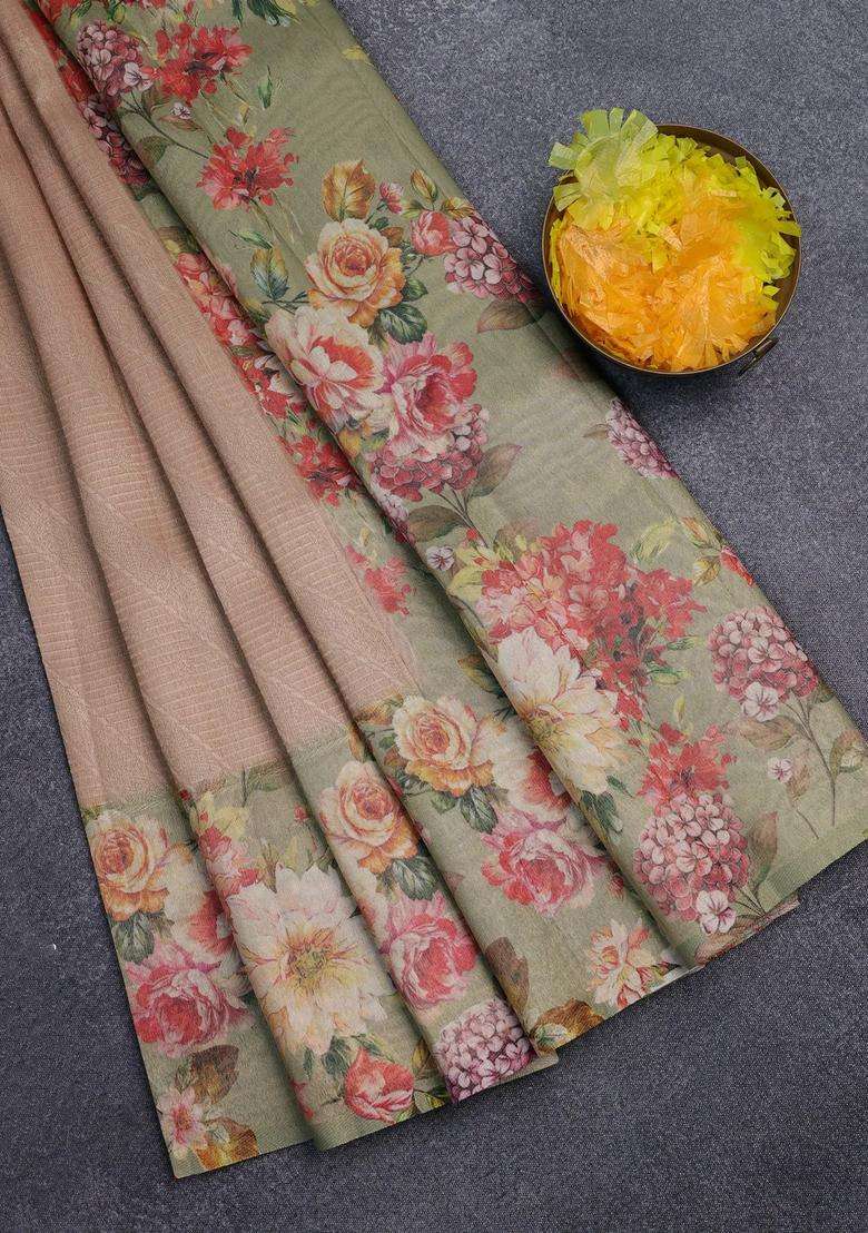 Tissue Saree Sandal And Pastel Green With Allover Zari Weaves And Floral Digital Printed Border For Women - Indya