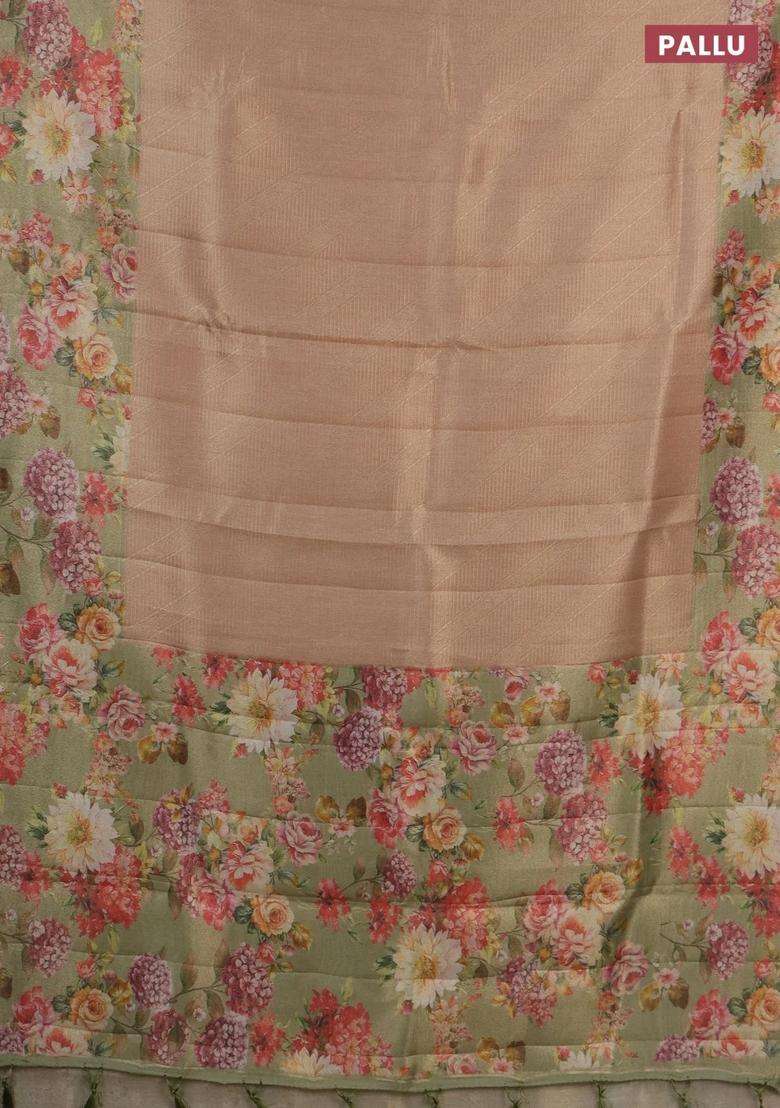 Tissue Saree Sandal And Pastel Green With Allover Zari Weaves And Floral Digital Printed Border For Women - Indya