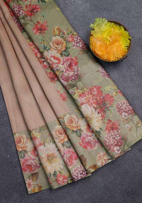 Tissue Saree Sandal And Pastel Green With Allover Zari Weaves And Floral Digital Printed Border For Women