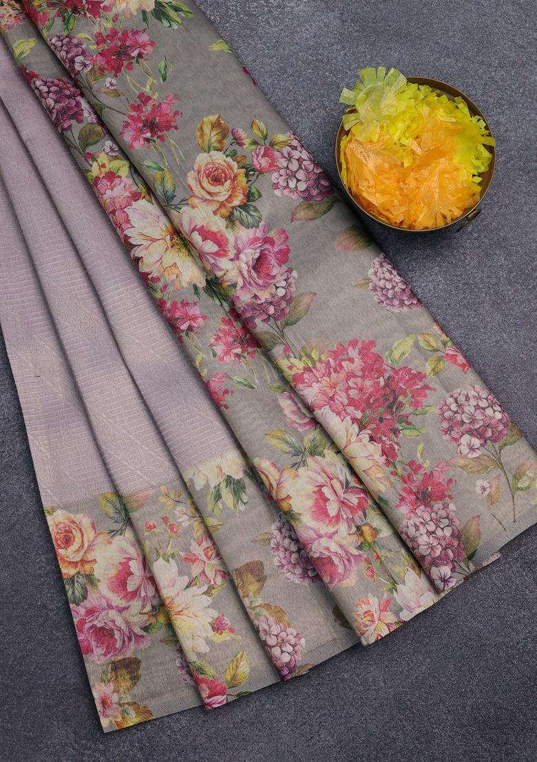 Tissue Saree Pastel Lavender And Grey Shade With Allover Zari Weaves And Floral Digital Printed Border For Women - Indya