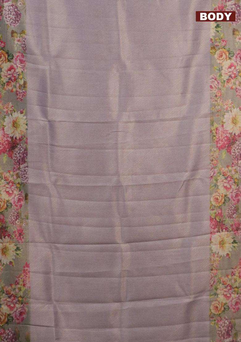 Tissue Saree Pastel Lavender And Grey Shade With Allover Zari Weaves And Floral Digital Printed Border For Women - Indya